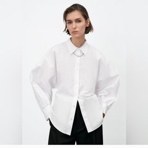 ZARA | White Poplin Shirt with Voluminous Sleeves Seashell Buttons Size S